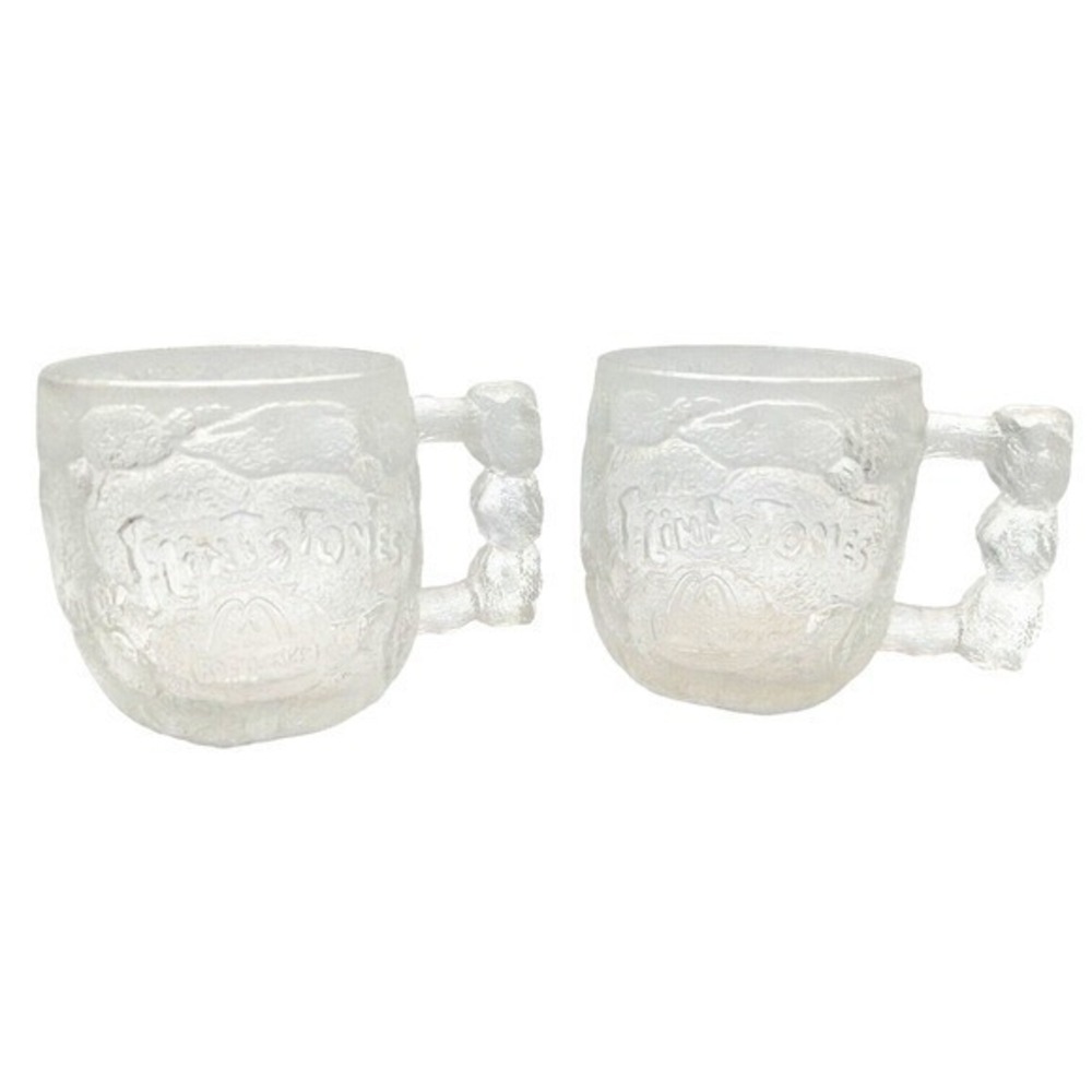 (2) Flintstones Cups 1993 Collectible Glass Mug Bedrock Stone Handles, McDonalds